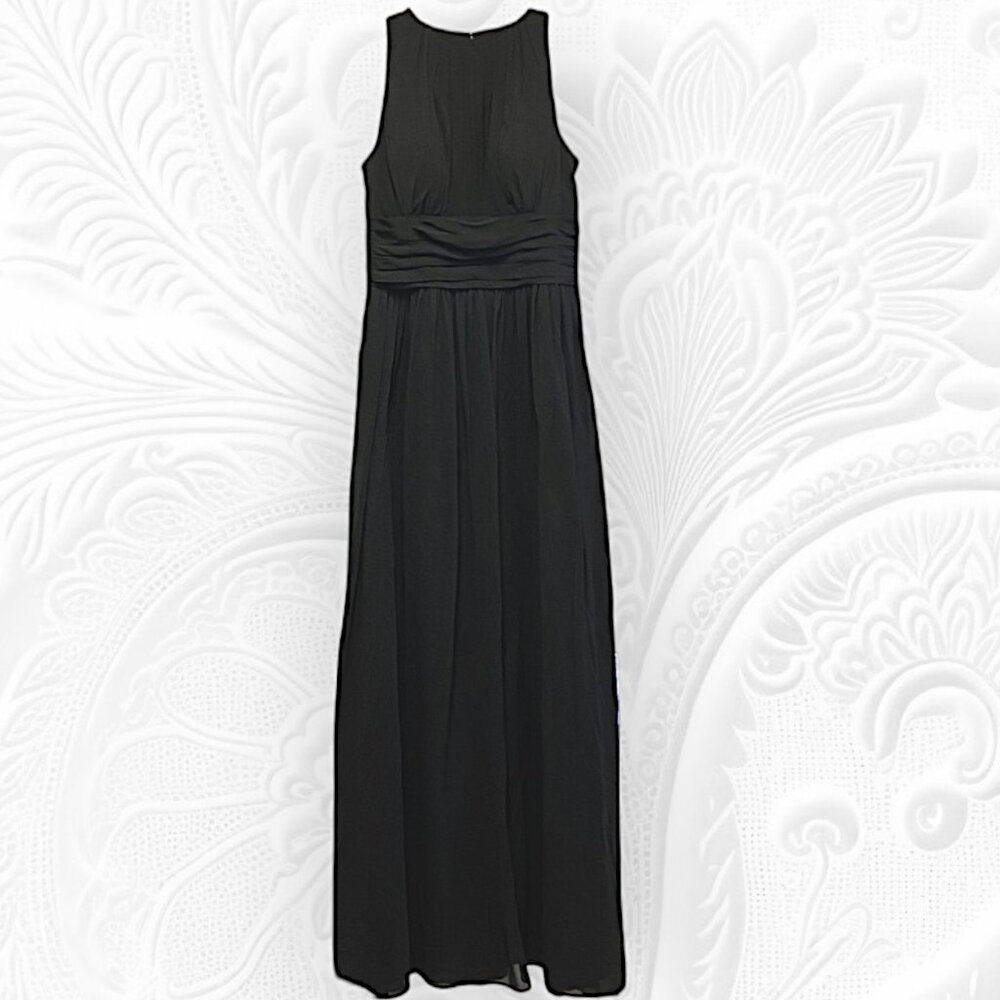 Bill Levkoff Rouched Chiffon Pleated High Neck Cutaway Arms Lined Formal Black 6